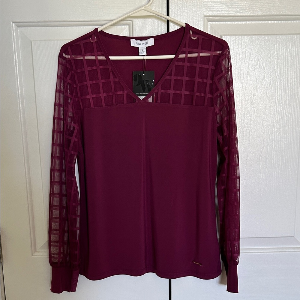 NWT Nine West Wine V-Neck Top with Sheer Grid Sleeves